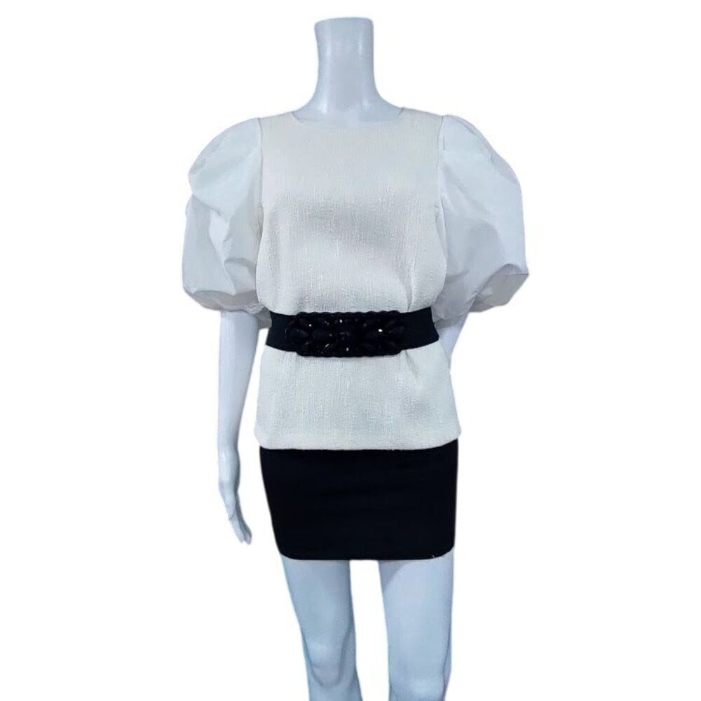 Anthropologie & Black Textured Puff Cream Whimsy Boho Sleeve Blouse L - Picture 6 of 14